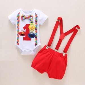 Elmo Outfit Cookie Monster First Birthday Boy Suspenders Sesame Street Clothes